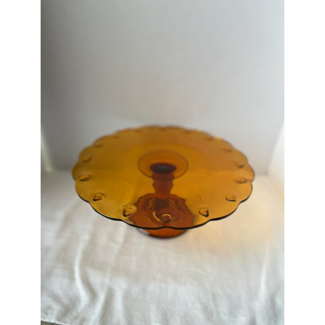 1960s Mid-Century Amber Glass Tazza Cake Stand With Scalloped Thumbprint Edge For Sale - Image 5 of 10