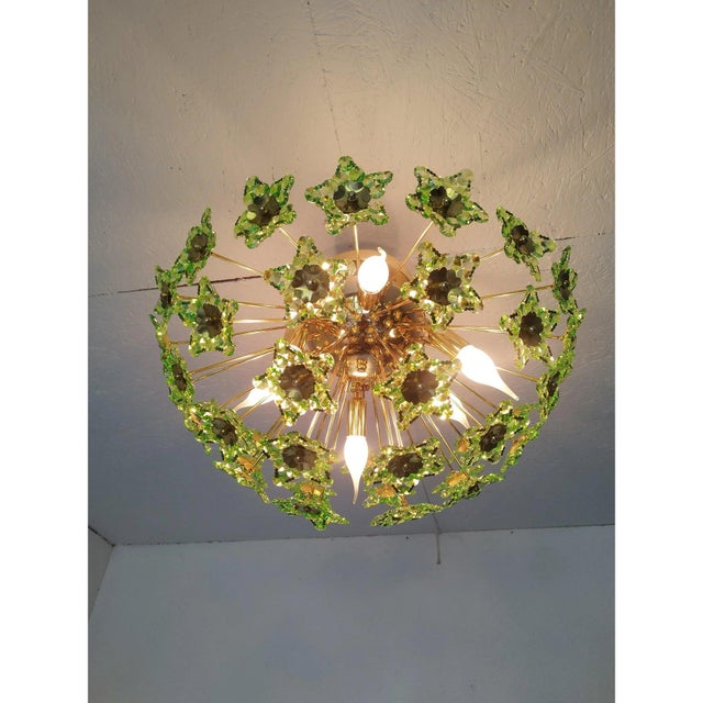 Art Deco 1980s Flush Mount Vintage Green Crystals Chandelier Lighting For Sale - Image 3 of 11