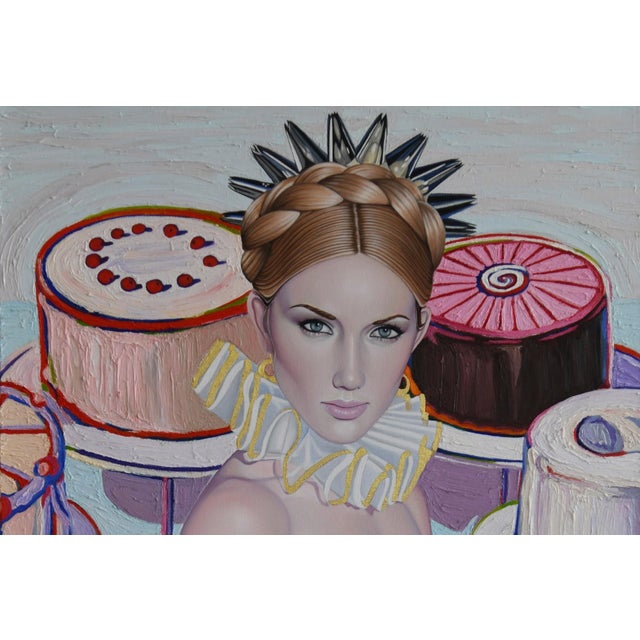 Let Them Eat Cake by Suzy Smith | Oil on Canvas Portrait of a woman with cakes in the background For Sale - Image 4 of 5
