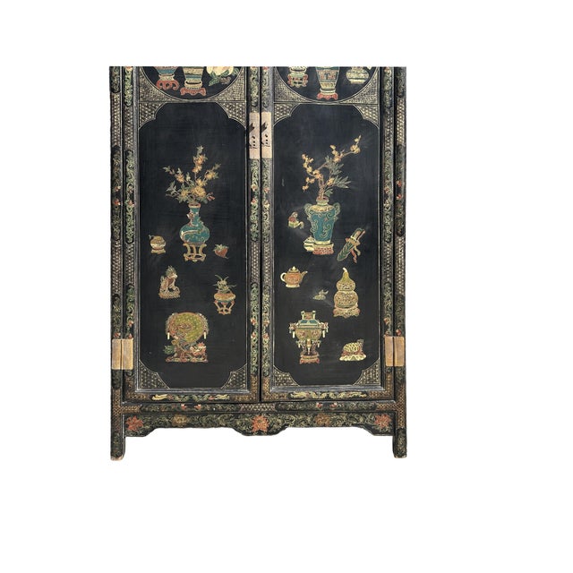 1970s Vintage Oriental Black Lacquer Color Flower Vases Graphic Storage Cabinet For Sale - Image 5 of 11