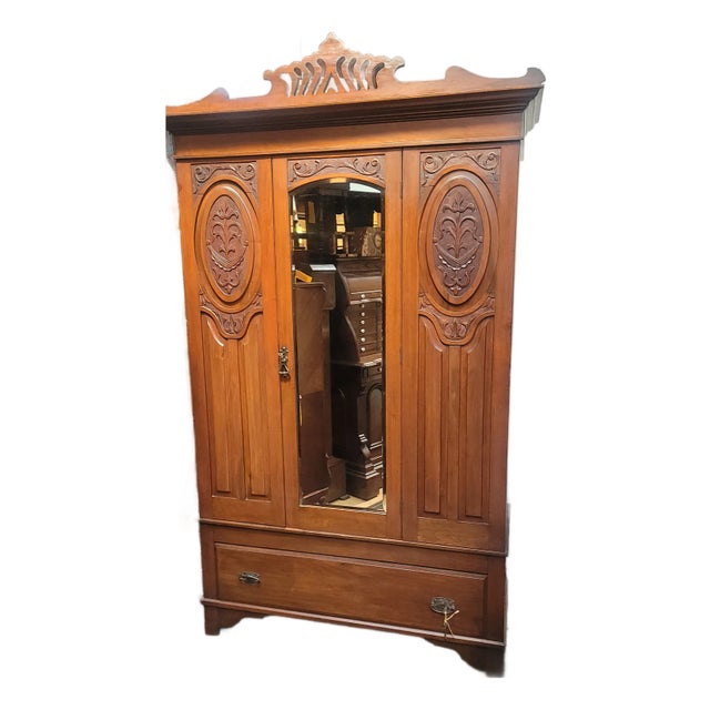 Antique Art Nouveau Victorian Walnut Armoire With Mirror For Sale
