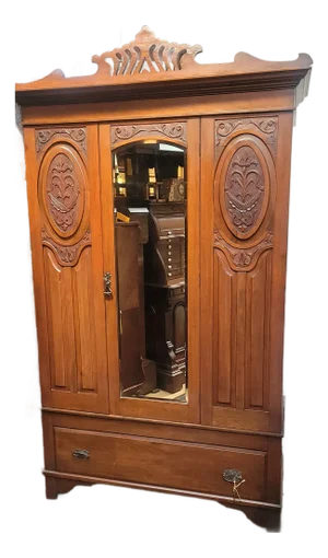 Antique Art Nouveau Victorian Walnut Armoire With Mirror