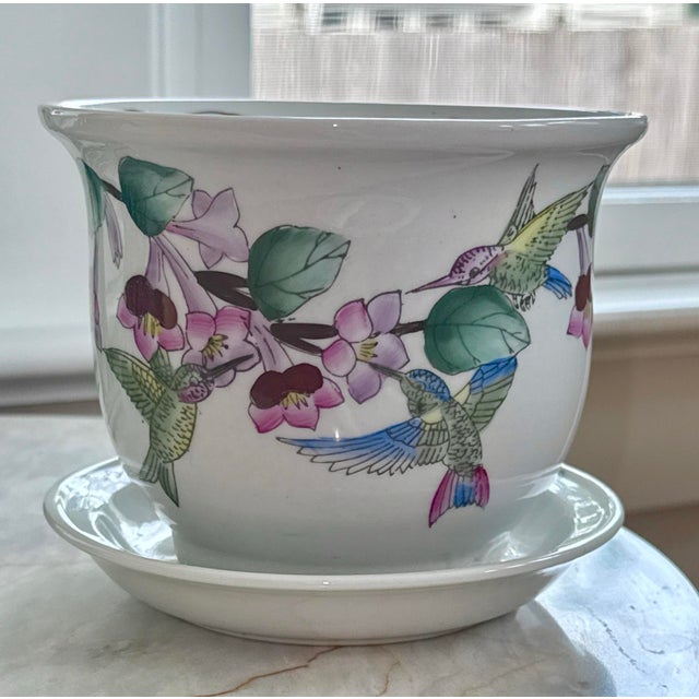 Ceramic Chinoiserie Planter Hummingbirds & Water Tray For Sale - Image 7 of 11