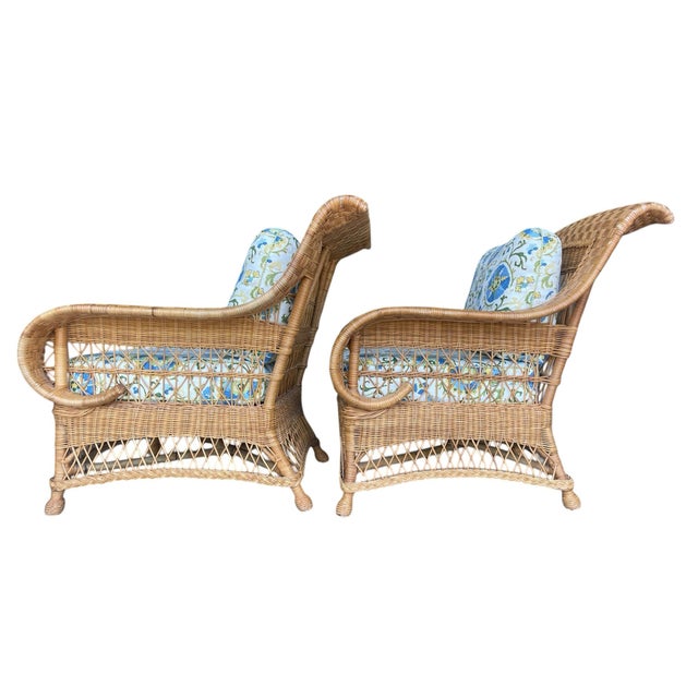 Late 20th Century Vintage Henry Link for Lexington Woven Rattan and Wicker Lounge Armchairs With Floral Upholstery | a Pair For Sale - Image 5 of 14