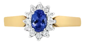 14K Yellow Gold 1/5 Cttw Round Diamond and 6x4mm Oval Blue Tanzanite Halo Ring (H-I Color, I1-I2 Cla