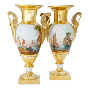 Antique Early 19th Century French Empire Paris Porcelain Vases or Urns Decorated With Neapolitan Port Scenes & Swan Handles, Circa 1820 - A Pair