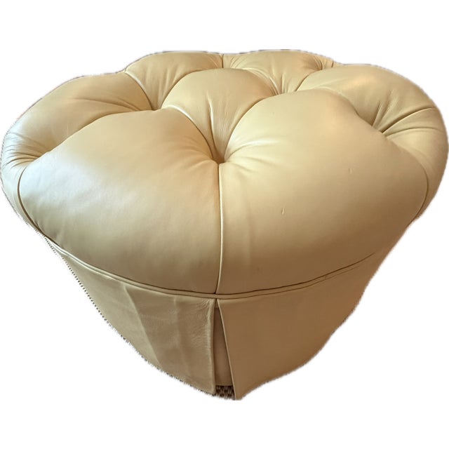 Custom Butter Yellow Tufted Leather Ottoman, Footstool For Sale - Image 11 of 18
