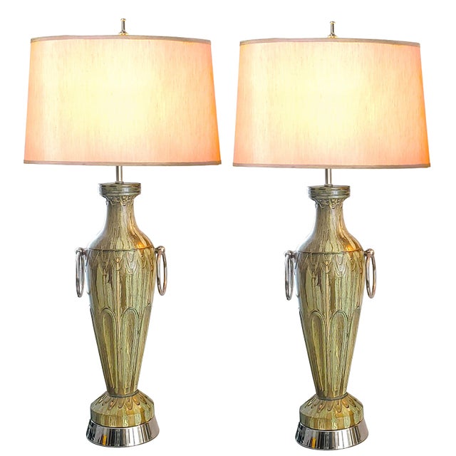Large Lamps Sage Green & Bronze Painted Plaster New Nickel Silver Hardware - Pair For Sale - Image 14 of 14