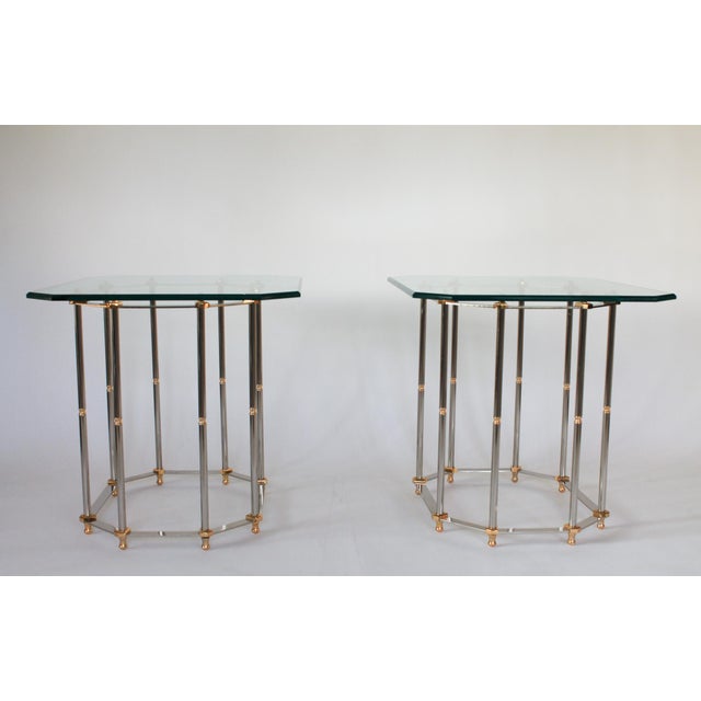 Contemporary Vintage Hollywood Regency Style Brass and Chrome End Tables - A Pair For Sale - Image 3 of 13