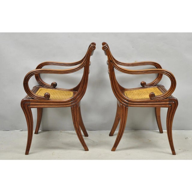 Vintage English Regency Style Cane Seat Mahogany Saber Leg Arm Chairs - A Pair For Sale - Image 4 of 18