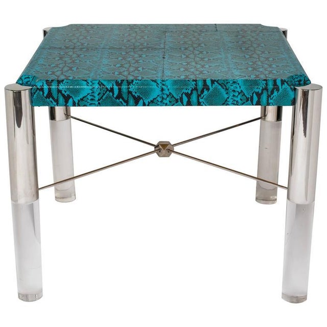 Turquoise Leather and Lucite Game Table For Sale - Image 11 of 12