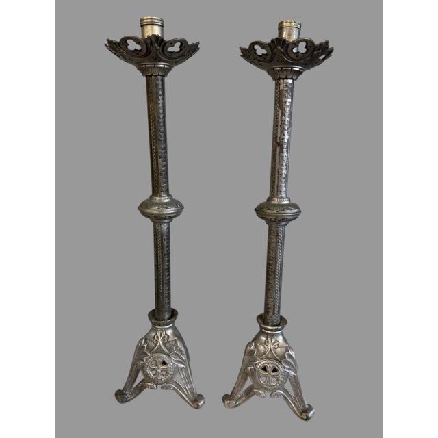 Silver Pair of Antique Gothic Silver Plate 21" Alter Candlesticks For Sale - Image 8 of 10