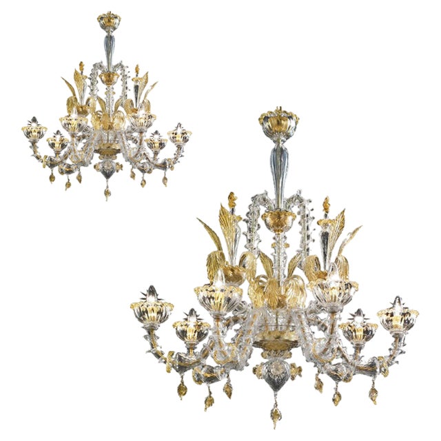 Transparent and Gold Murano Glass Chandeliers by Simoeng, Set of 2 For Sale