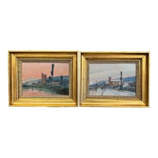 Pair of Early 20th Century French Village Landscape Paintings Signed F. Blanco For Sale