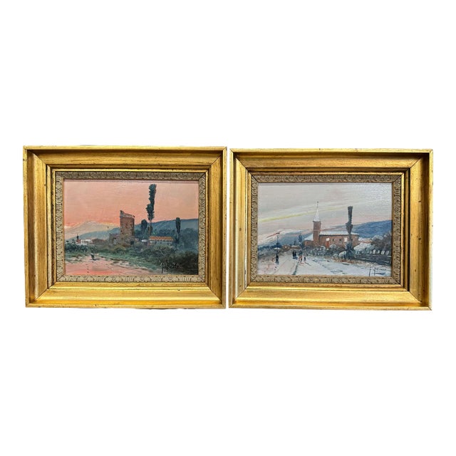 Pair of Early 20th Century French Village Landscape Paintings Signed F. Blanco For Sale