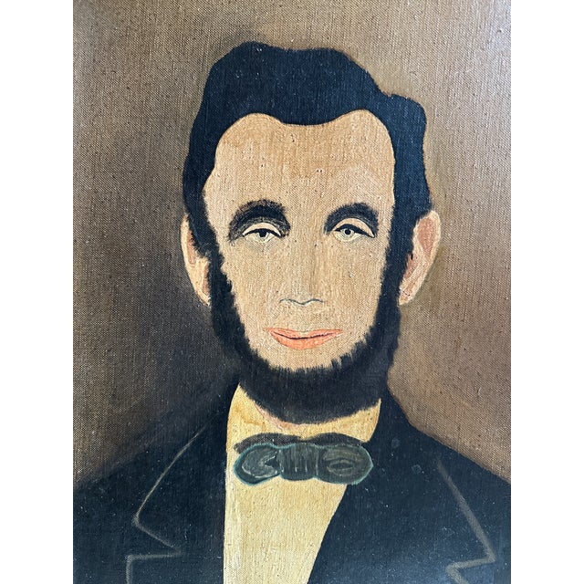 Textile Circa 1940 American Folk Revival Portrait of Abraham Lincoln, Oil on Canvas Board For Sale - Image 7 of 10