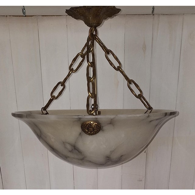 Metal Art Deco French Ceiling Lamp with Domed Alabaster Bowl on Brass Mount, 1920s For Sale - Image 7 of 9