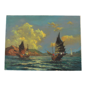1959 W S Chiang Original Chinese Trading Ships at Sea Painting on Board