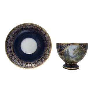 Carl Knoll Karlsbad European Landscape Gilt Painting Blue Porcelain Cup & Saucer For Sale