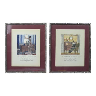 French Art Deco Mercier Freres Prints W House of Heydenryk Silver Gilt Frames - Set of 2 For Sale