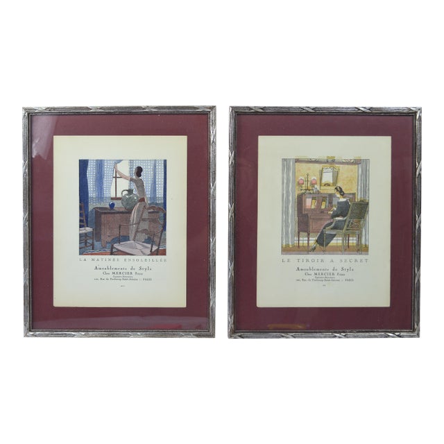 French Art Deco Mercier Freres Prints W House of Heydenryk Silver Gilt Frames - Set of 2 For Sale