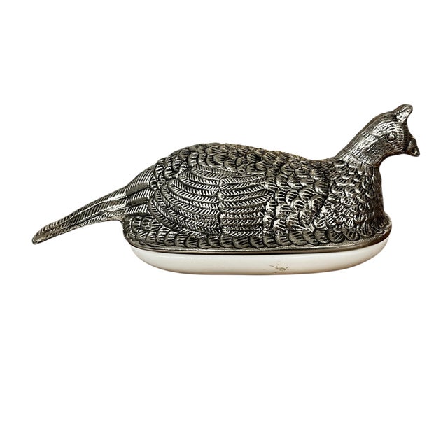 Vintage Godinger silverplate pheasant butter dish. Measures 4” w x 10 d x 4” h, dish 3.75” w x 6.75” d x 1” h. No cracks...