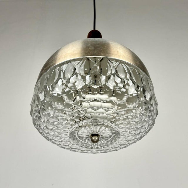 1960s Mid-Century Modern Italian Pressed Glass Pendant Lamp in Brushed Metal and Wood from Stilux Milano, 1960s For Sale - Image 5 of 7