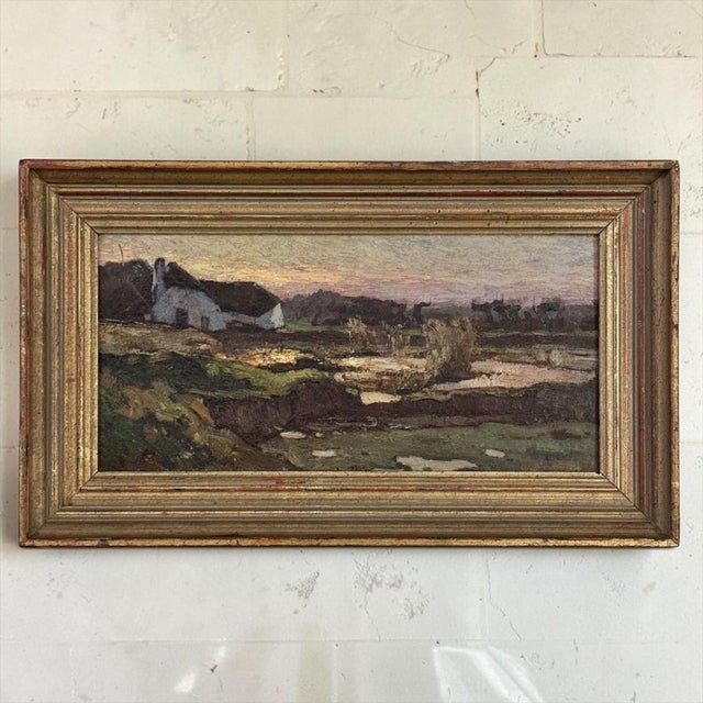 Antique European Oil Painting on Panel, Landscape With Pond and Thatched Farmhouse For Sale In Dallas - Image 6 of 15