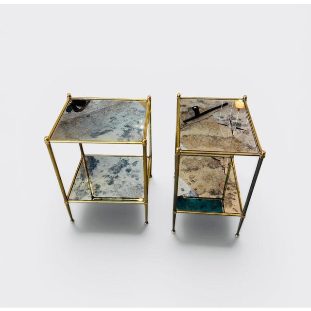 Neoclassical Side Tables in Brass and Oxidized Mirros, 1960, Set of 2 For Sale - Image 3 of 12
