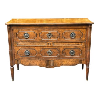 Vintage Baker French Louis XVI Style Console Chest | Flamed Walnut 2-Drawer Commode With Bronze Mounts & Brass Sabots For Sale