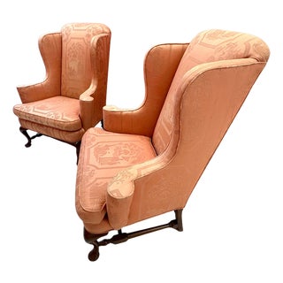 Queen Anne Style Wingback Chairs in Coral Chinoiserie Jacquard – A Pair For Sale