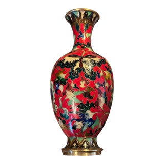 Vintage Kuo's China Cloisonne Inlay Floral & Butterfly Decorated 10" Vase For Sale