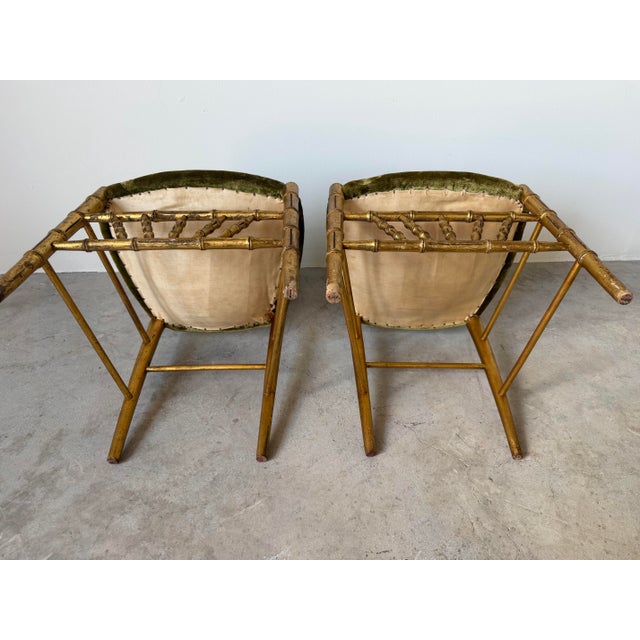 Antique Italian Faux Bamboo Gilt Wood Accent Chairs With Green Velvet Upholstery – A Pair Description: For Sale - Image 12 of 12