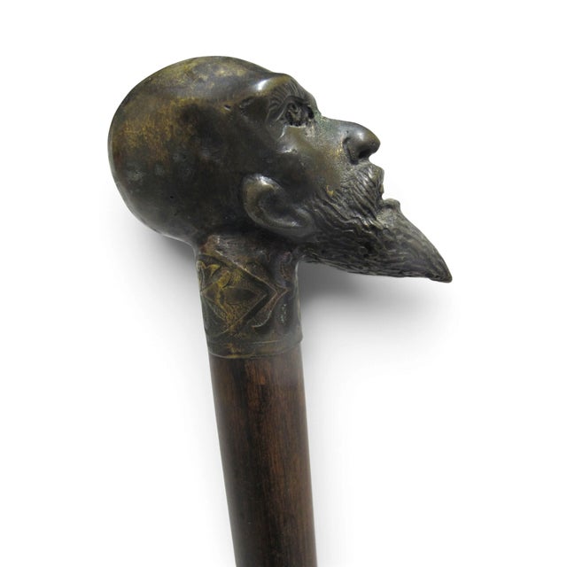 Early 20th Century Bronze Bearded Man Figural Scholar Handle Antique Wood Walking Stick Cane For Sale - Image 5 of 12