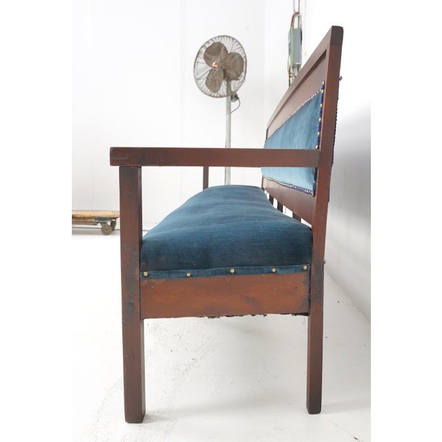 Mid 20th Century Traditional 121.75 In. Blue Velvet Walnut Settee Bench For Sale - Image 9 of 16
