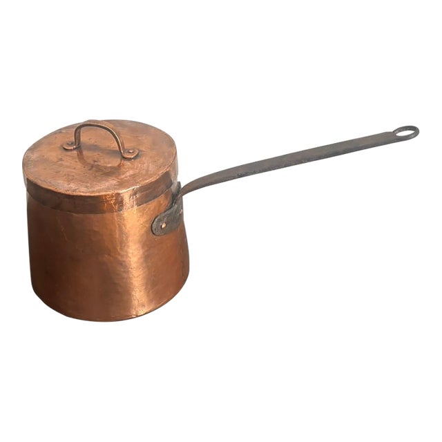 Antique French Dovetailed Copper Saucepan With Iron Handle & Lid For Sale