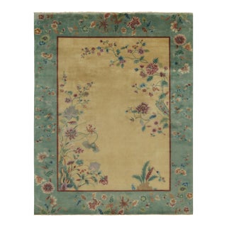 Rug & Kilim Chinese Style Art Deco Rug in Teal Border, Gold Field & Floral Patterns - 9'x12' For Sale