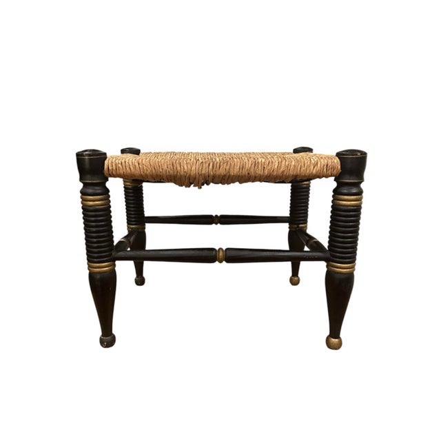 Black Antique Ebonized Hitchcock Stool / Footsool With Woven Rush Seat, Stenciling, & Spool Legs For Sale - Image 8 of 12