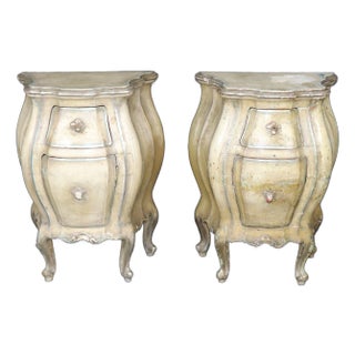 Pair of Rare Paint Decorated Distressed Italian Rococo Bombe Nightstands For Sale