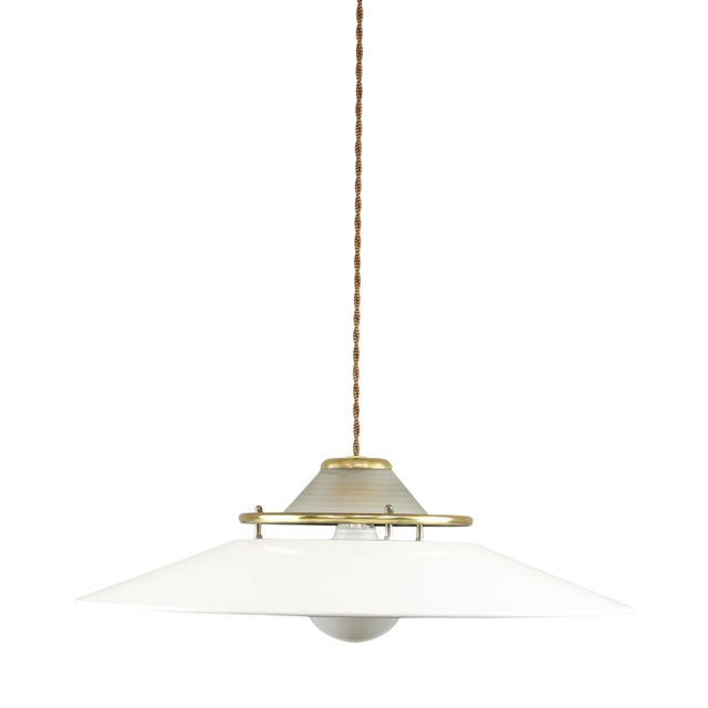 Vintage Italian Brass and Metal Saucer Pendant Lamp, 1970s For Sale