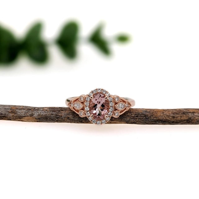 Pink Morganite W Natural Diamond Accents in Solid 14k Rose Gold Oval Size 6.75 For Sale - Image 4 of 6