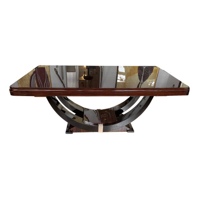 Art Deco Dining Table in Makassar Ebony and Black Lacquer with Gondola Base, 1930 For Sale