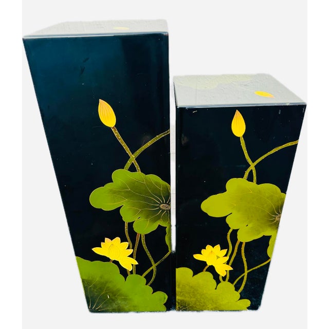 Chinoiserie Vintage Asian Floral Lacquer Pedestals - a Pair For Sale - Image 3 of 10
