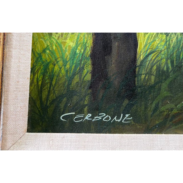 Late 20th Century Landscape Oil Painting, Covered Bridge Forest, Contemporary by Cerbone, Framed Carved Wood Linen Mat For Sale - Image 10 of 10