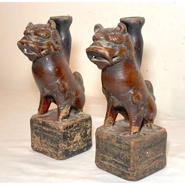 Antique Handmade Late Ming Dynasty 1600's Pottery Foo Lion Oil Lamps Sculptures For Sale - Image 13 of 13