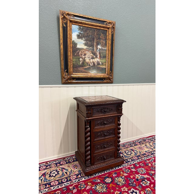Antique French Marble Top Chest Side or End Table Nightstand Barley Twist Oak For Sale - Image 9 of 18