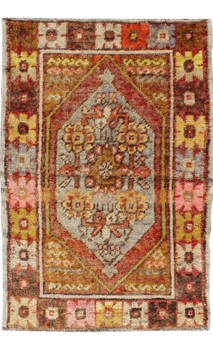Colorful Vintage Turkish Small Oushak With Floral Medallion and Border