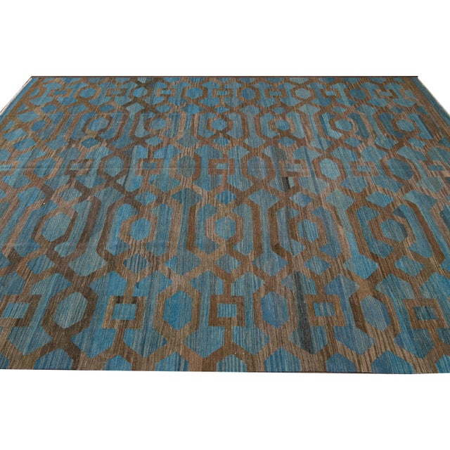 Textile Modern Geometric Kilim Handmade Room Size Blue Wool Rug For Sale - Image 7 of 11