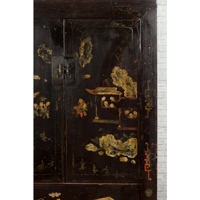 Wood 19th Century Qing Dynasty Two-Door Cabinet with Hand-Painted Décor and Original Black Lacquer For Sale - Image 7 of 12