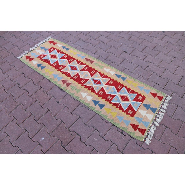 Rustic 1960s Southwestern Style Hand Knotted Geometric Design Oushak Kilim Runner Rug For Sale - Image 3 of 11